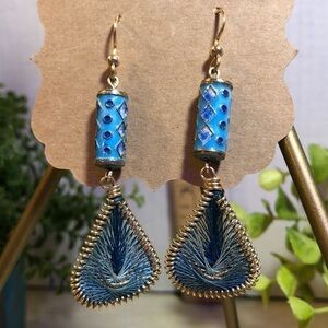 Peruvian Thread Art Earrings Blue and Golden